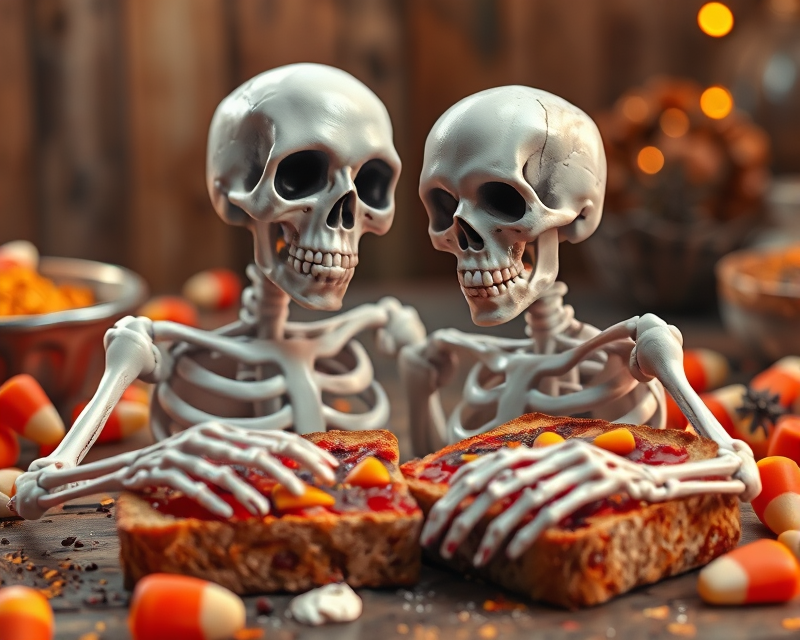 toast, skeleton, candy corn